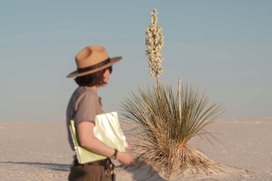 Woman in park ranger uniform looking out into the distance. 